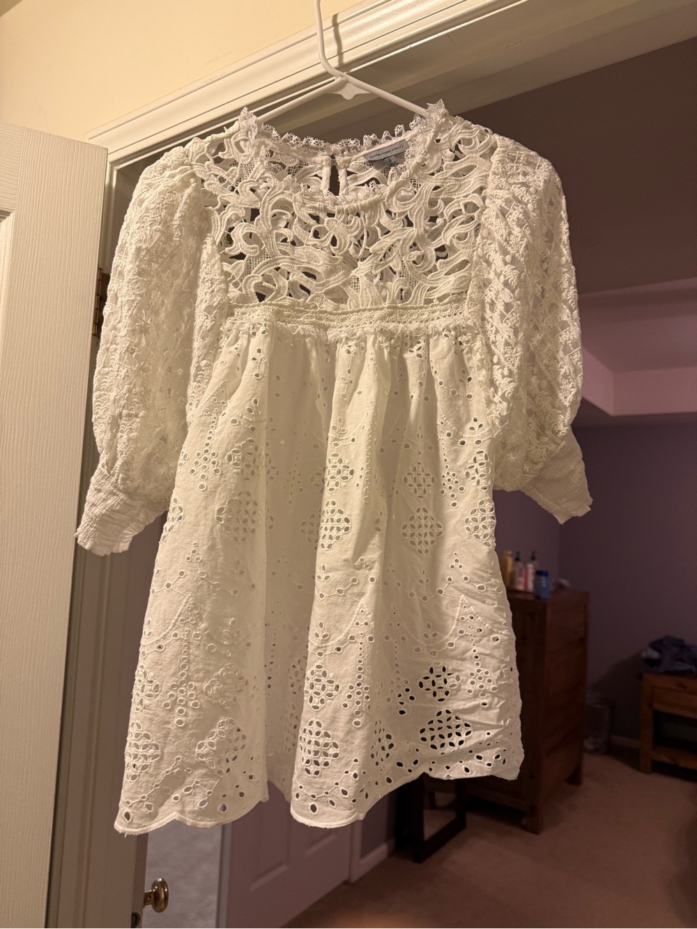 Anthropologie White Eyelet Lace Blouse with Puff Sleeves